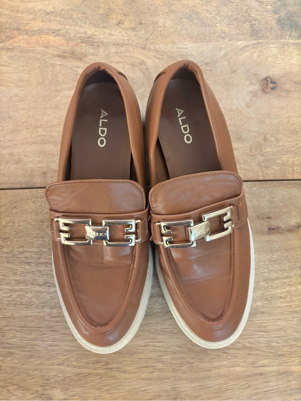 ALDO Brown Leather Slip-On Loafers with Gold Chain Accent